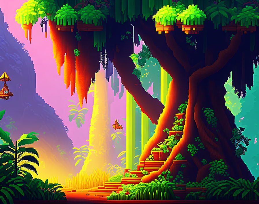 Colorful pixel-art forest with towering trees and sunlight piercing through foliage