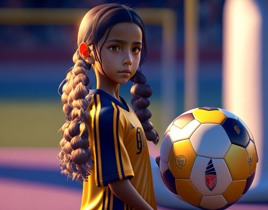 Young girl in soccer uniform with braided hair on field at sunset