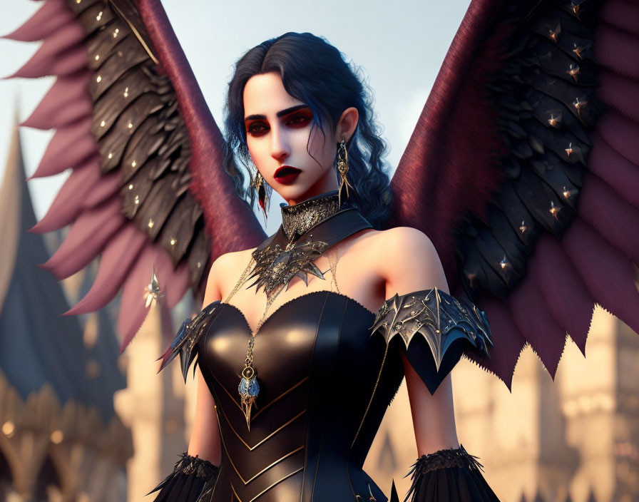 Dark angel wings and gothic attire on stylized female figure in fantasy setting