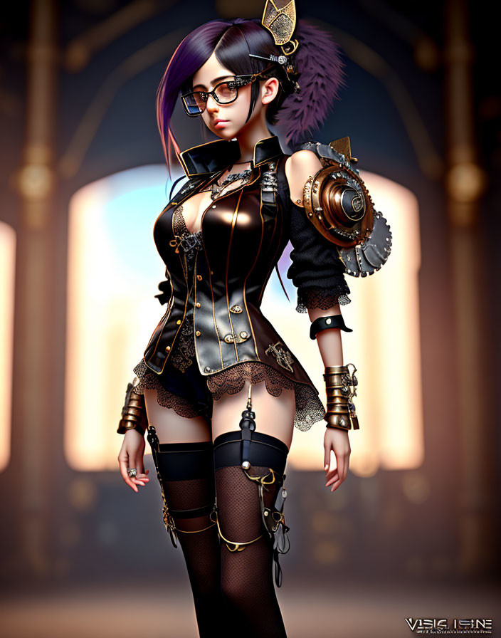 Stylized 3D rendering of a female character in steampunk attire