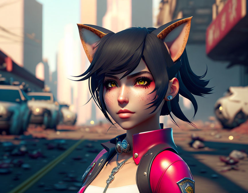 Stylized 3D illustration of girl with cat ears and futuristic outfit