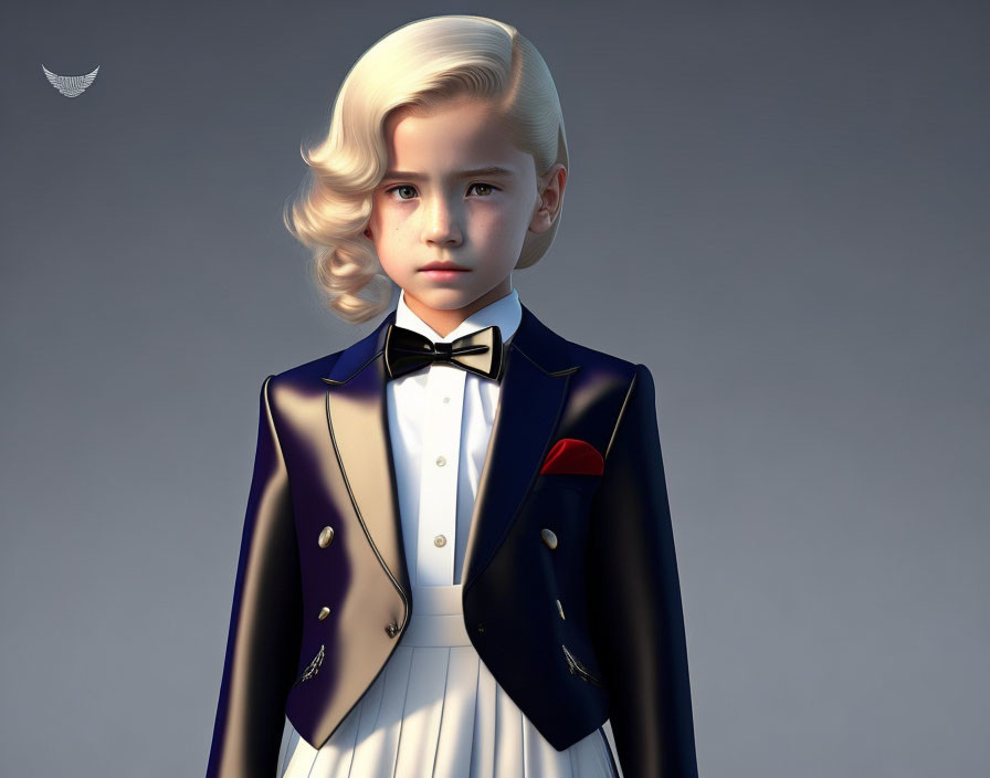 Blonde-Haired Child in Tuxedo with Bow Tie Illustration