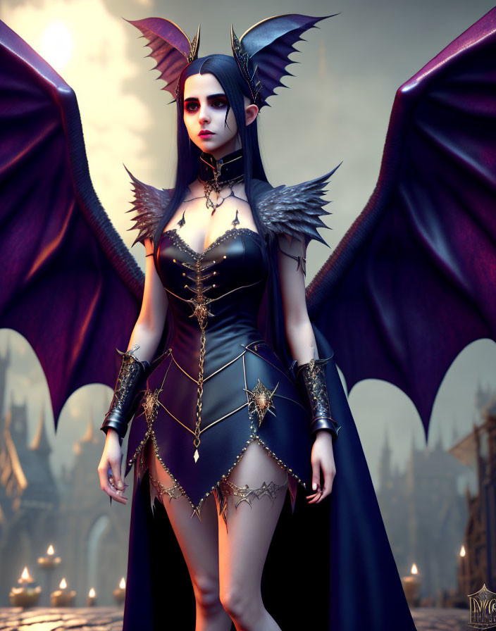 Gothic fantasy character with bat-like wings in mystical castle setting