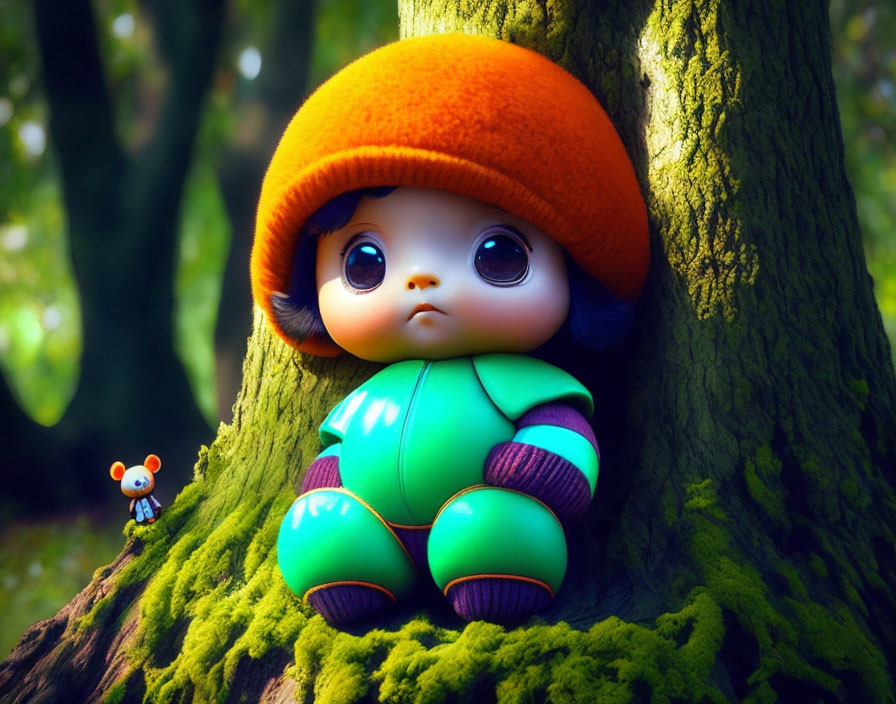 Vibrant illustration of cute doll in orange hat and green outfit by tree