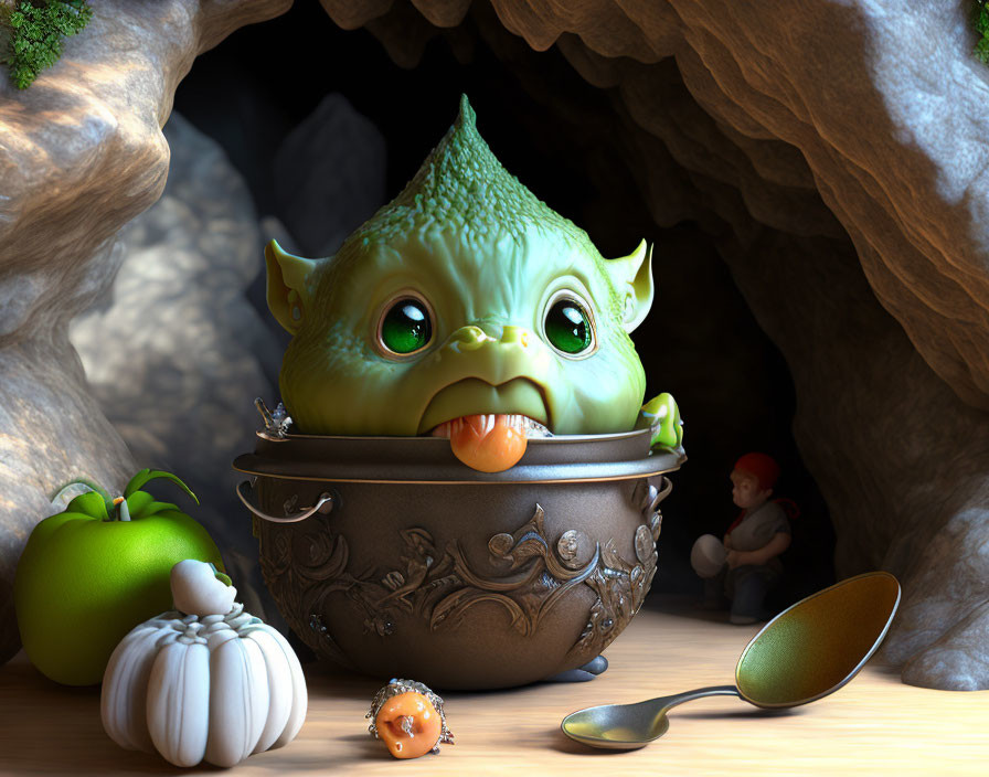 Animated green monster in pot with gnome, tomato, garlic, and spoon by cave