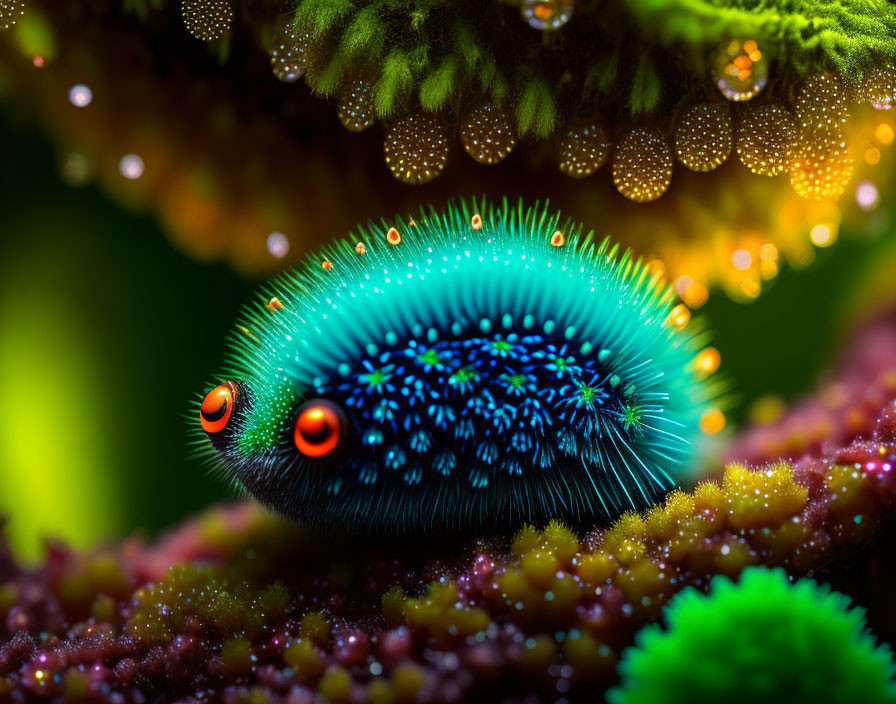 Colorful Caterpillar Creature with Glowing Spines on Leaf