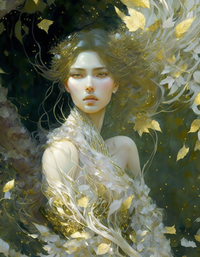 Ethereal woman with flowing hair in golden leaves: serene and delicate beauty