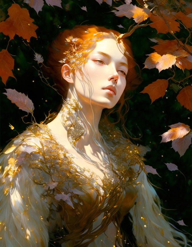 Ethereal woman in golden attire with amber leaves, autumn theme