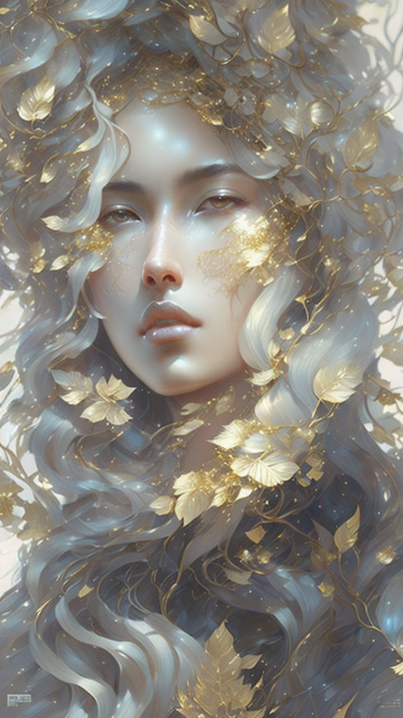 Ethereal portrait of a person with wavy hair and golden leaves.
