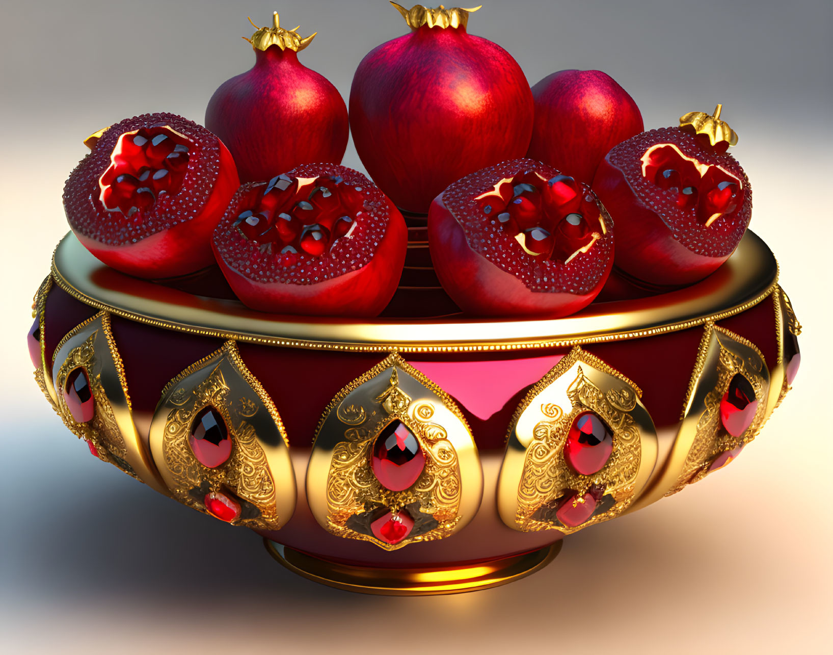 Luxurious Bowl with Gold and Jewels, Ripe Pomegranates on Reflective Surface