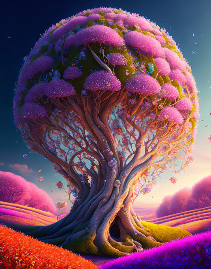 Colorful Whimsical Landscape with Large Pink Tree