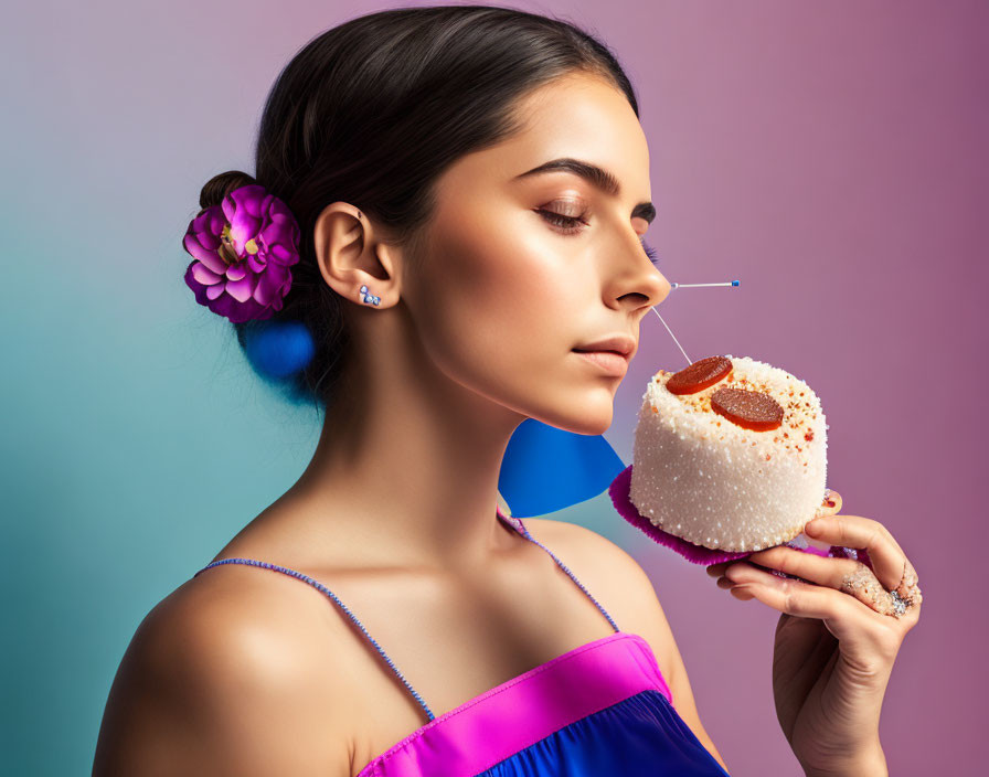 Woman with Flower in Hair Holding Caviar Cocktail on Dual-Toned Background