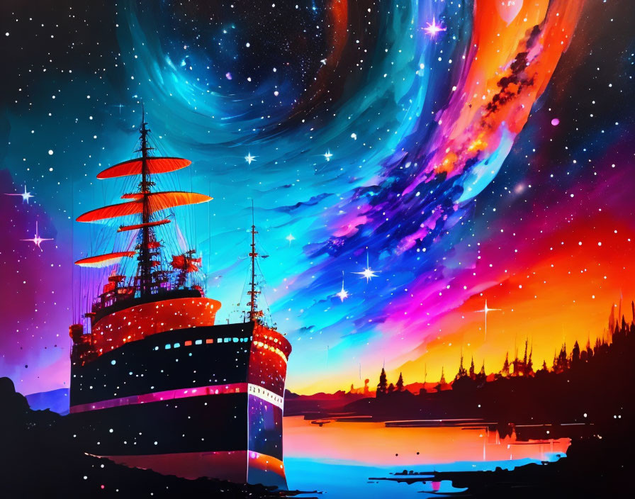 Colorful surreal cosmic sky over calm waters with sailing ship