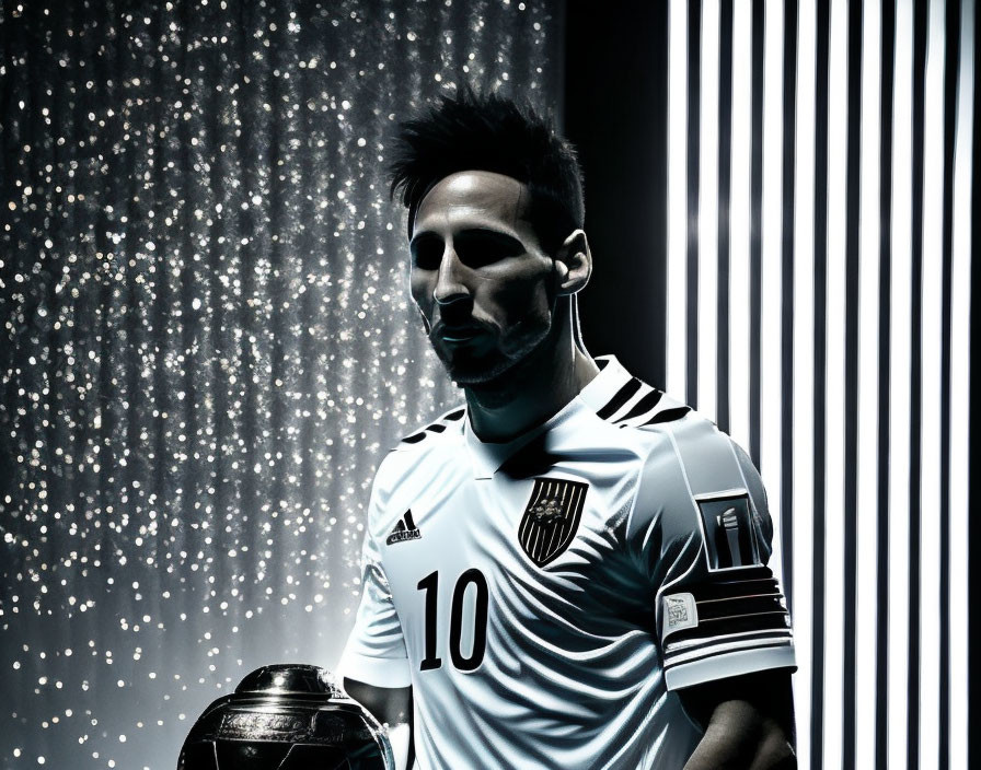 Sports jersey person holding ball with dramatic lighting & sparkling background