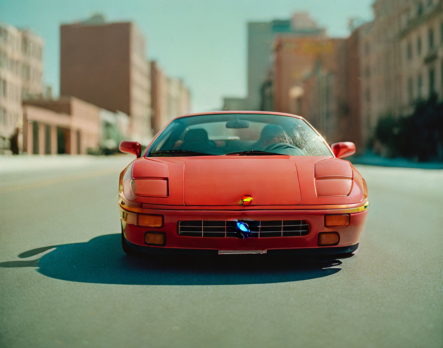 Red sports car parked on urban street with buildings and clear sky