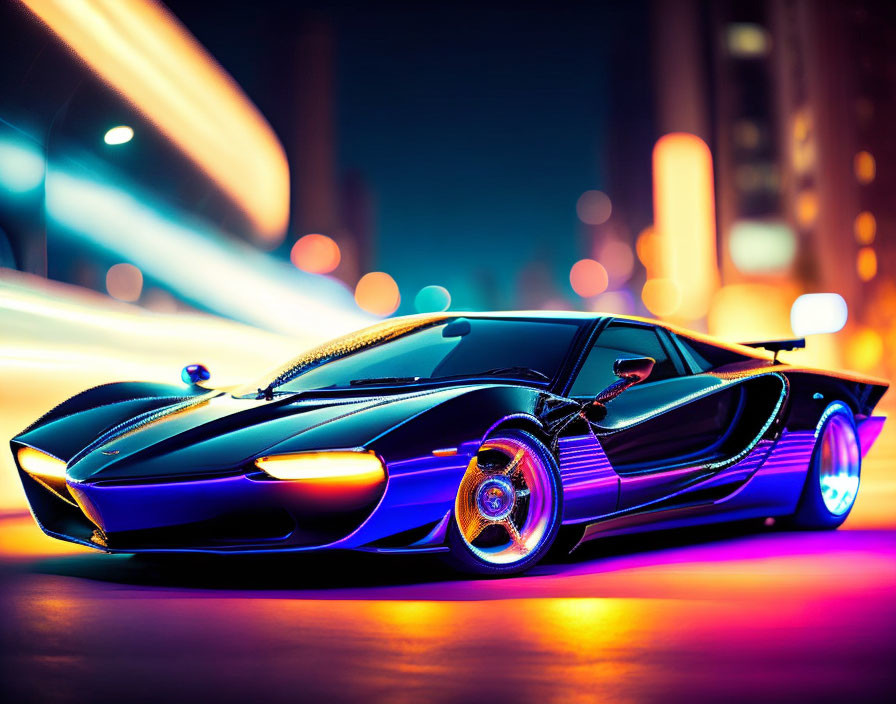 Sleek Black Sports Car with Neon Lights and Motion Blur at Night