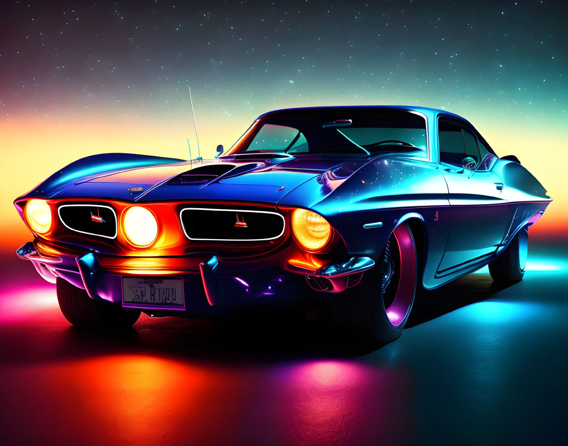 Vintage Muscle Car with Black Paint and Neon Lights on Sunset Gradient