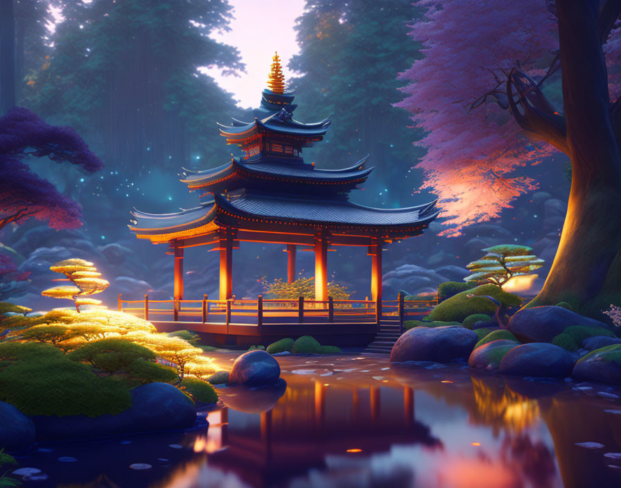 Digital artwork: Japanese pagoda in mystical forest with sunset palette & pond.