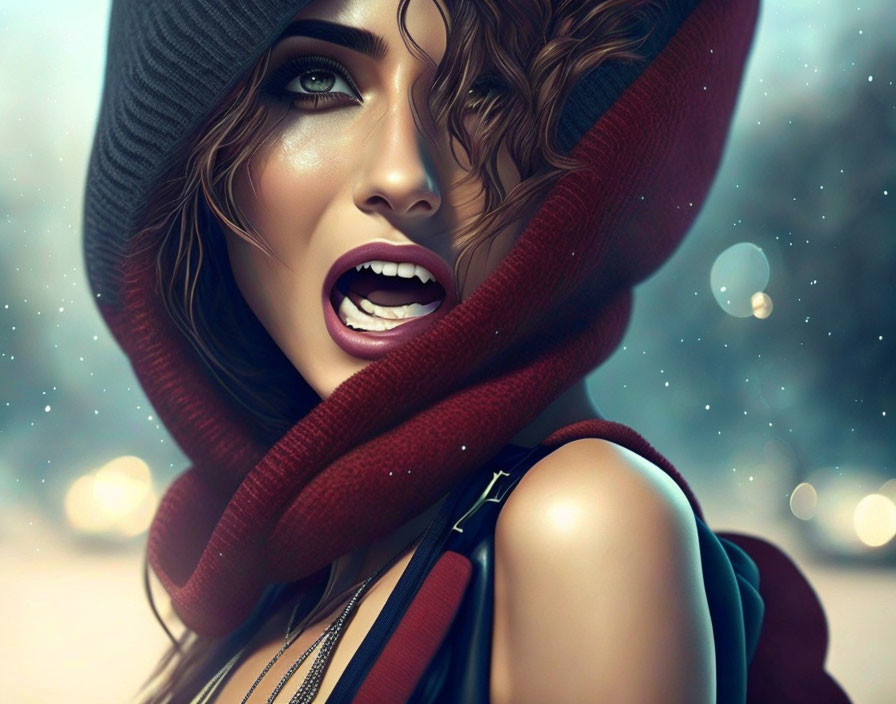 Stylized digital art portrait of woman with curly hair in red scarf and hat