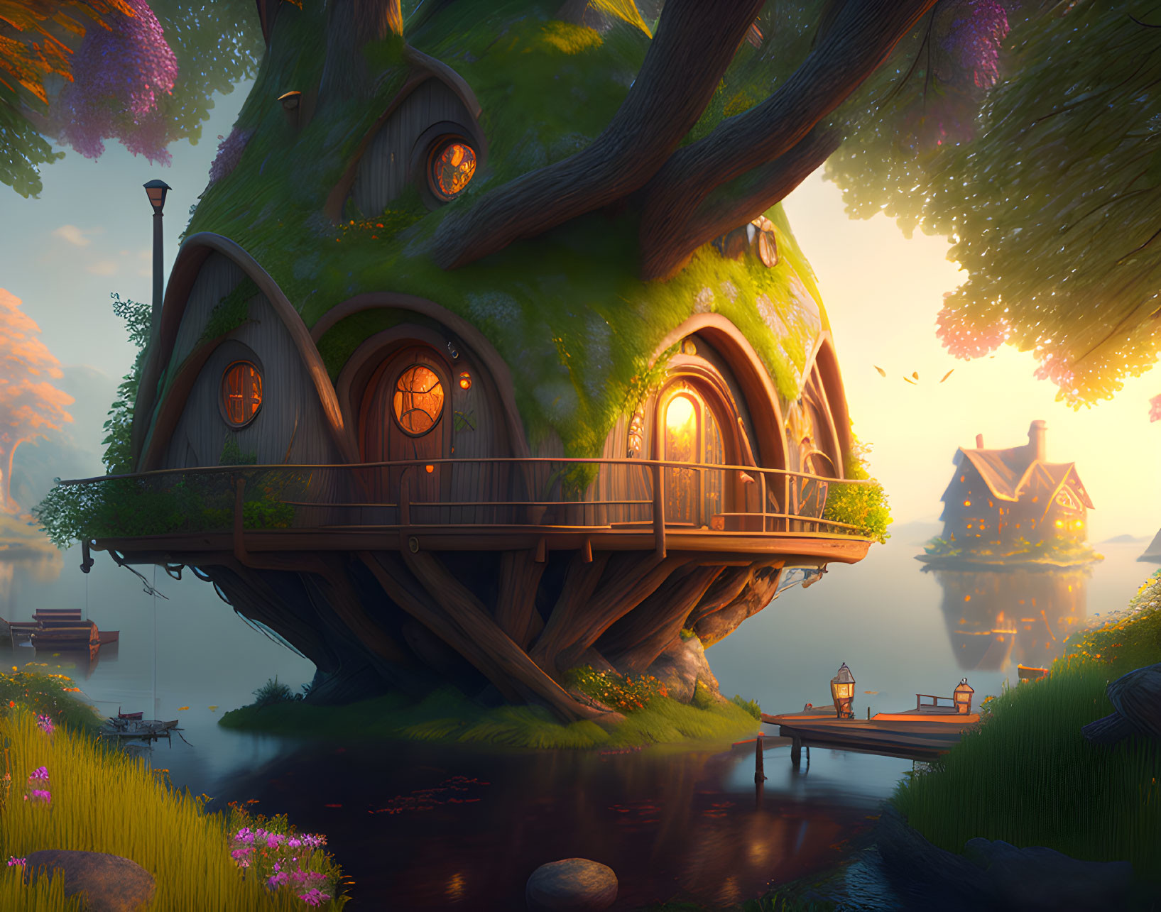 Treehouse with round windows & balcony overlooking river at sunset