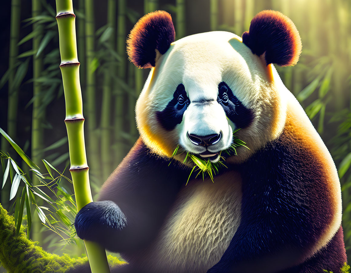 Close-up of serene panda bear chewing bamboo in lush bamboo setting