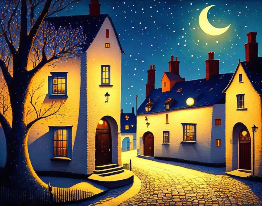 Nocturnal village scene with starry sky and crescent moon illuminating cozy cottages