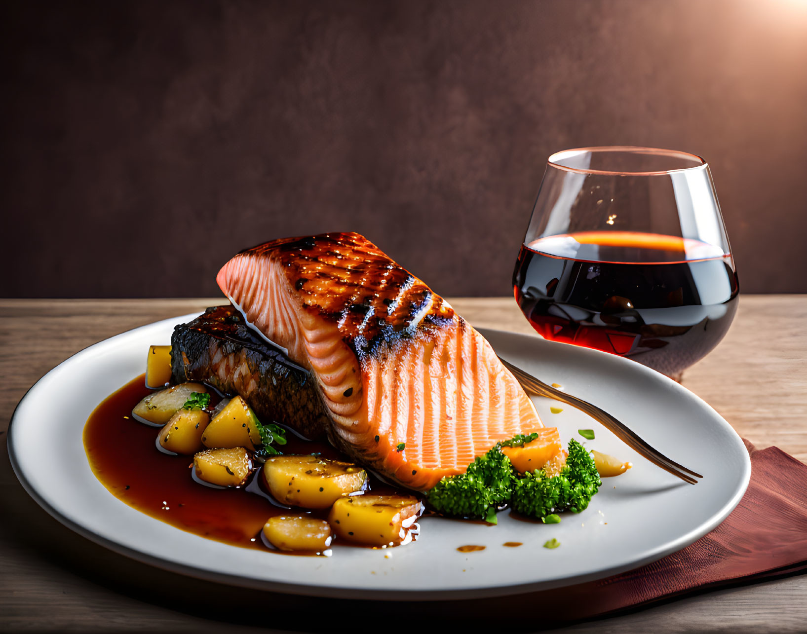 Grilled Salmon Fillet with Glaze, Potatoes, Broccoli, and Red Wine Plate