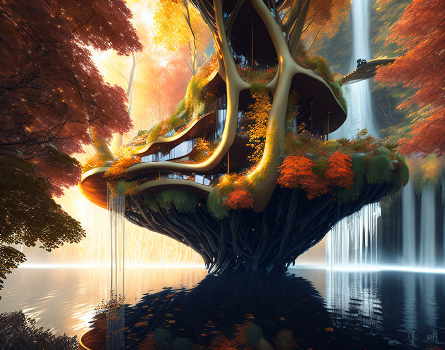 Fantastical treehouse in autumn with waterfalls and sunlight