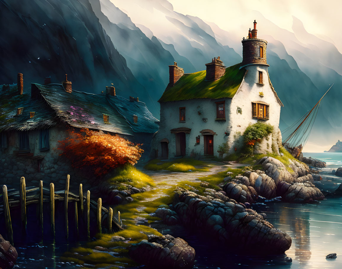 Tranquil coastal landscape with lighthouse, house, dock, and boat