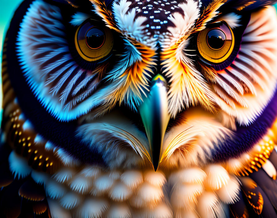 Close-up of owl's orange eyes, feather patterns, and sharp beak on blue background