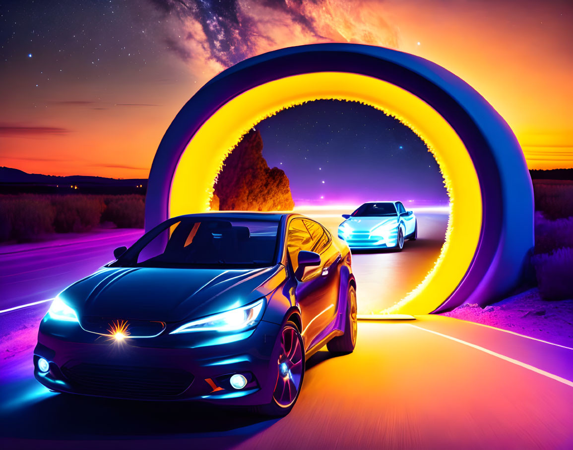 Vibrant scene: Two cars near neon rings under twilight sky