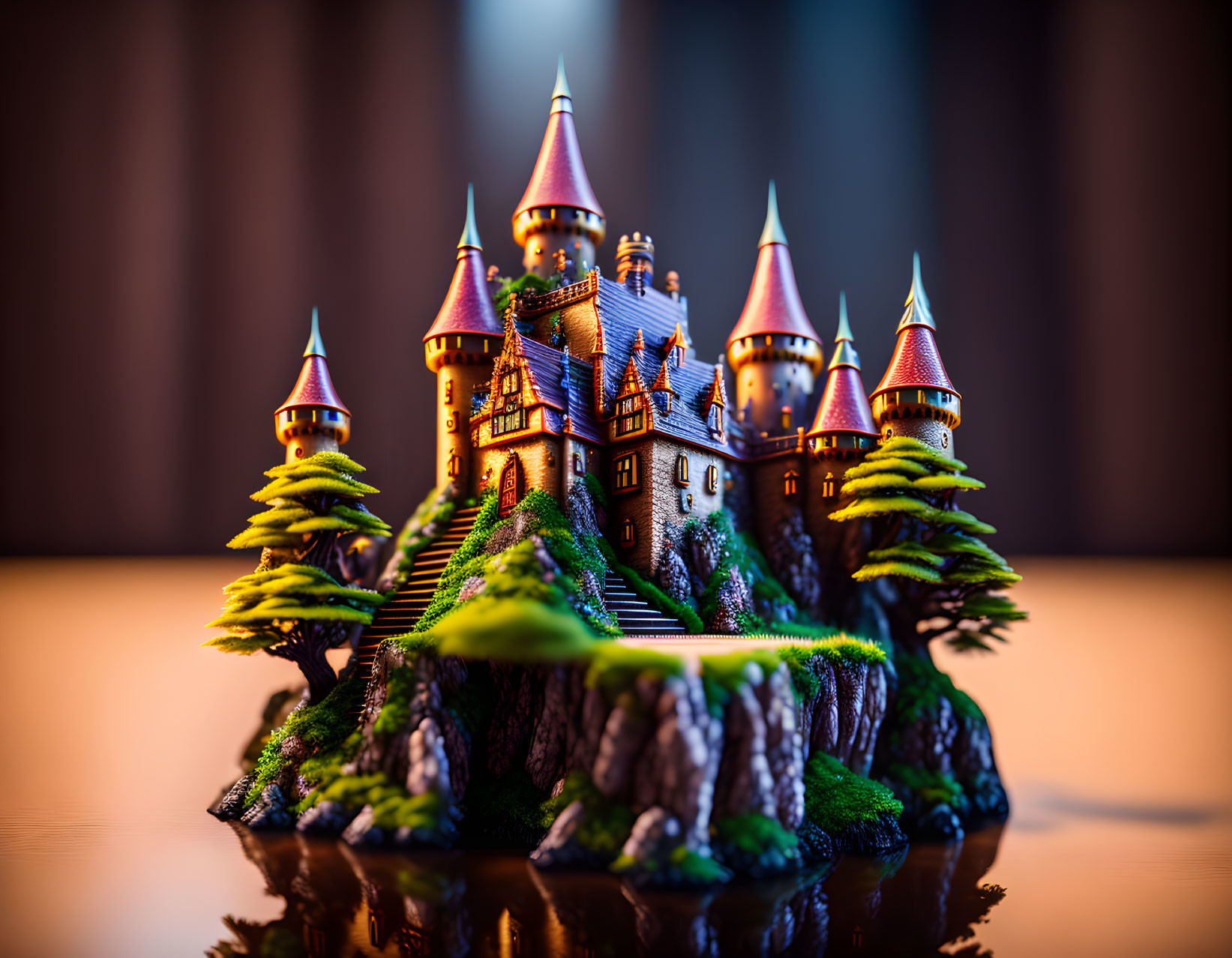 Miniature fairy tale castle on rocky outcrop with spires and glowing trees