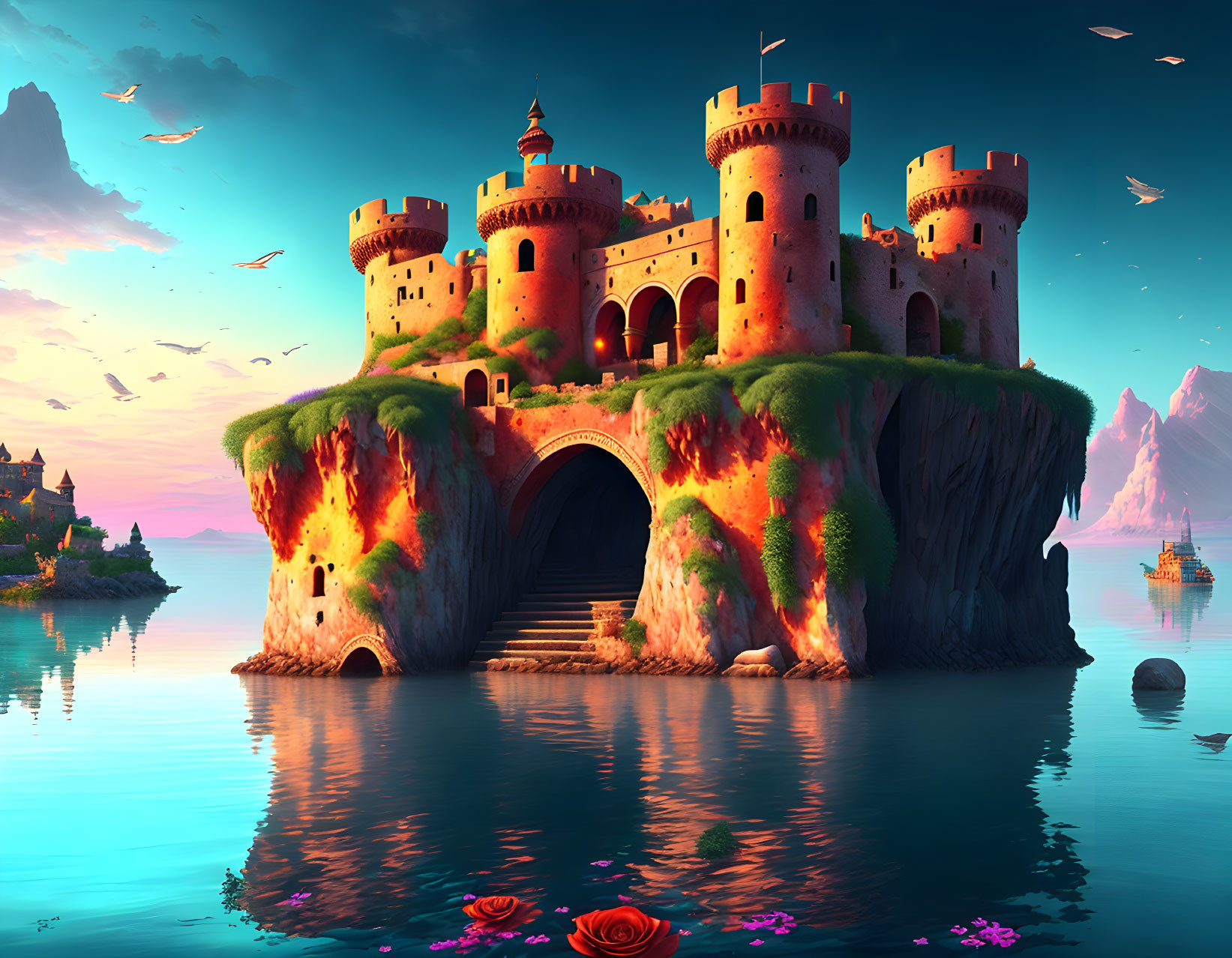 Fantastical castle on rock at sunset with fiery glow, surrounded by water, boats, and soaring