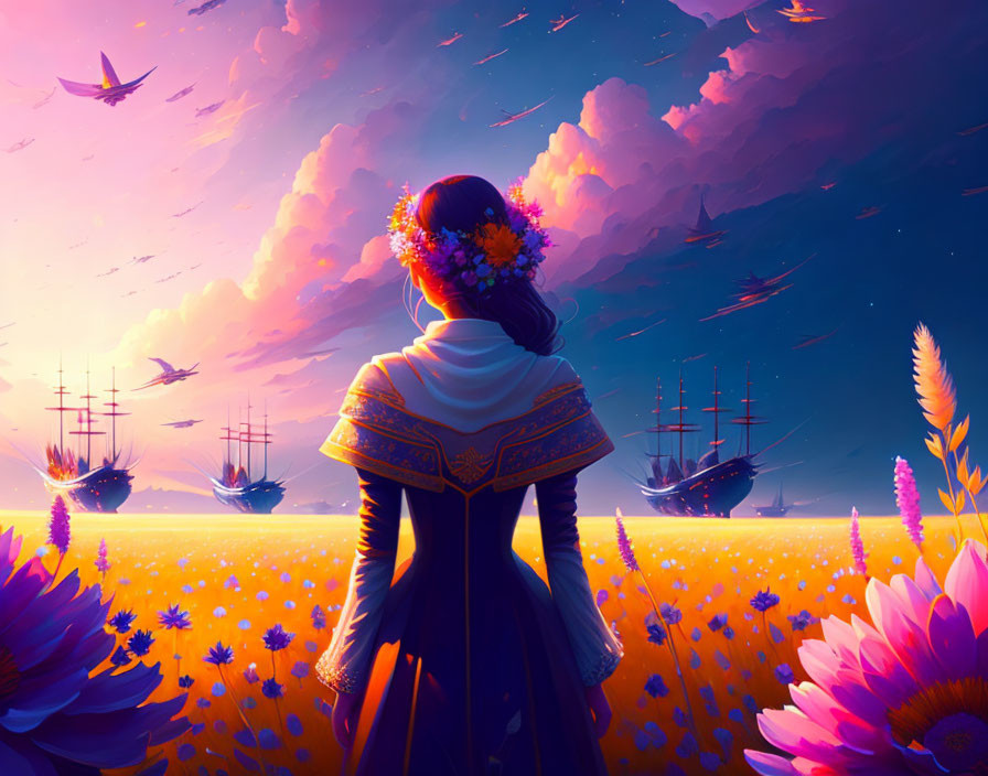 Woman with flower crown admires purple sky with flying ships and birds over vibrant flower field at sunset