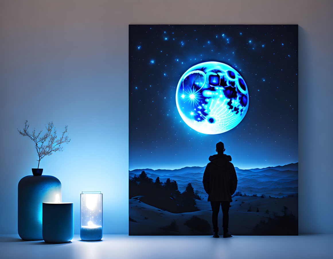 Person admiring moon canvas with vase and plant on display