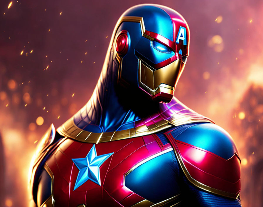 Character in Iron Man armor with Captain America colors and shield emblem on fiery background