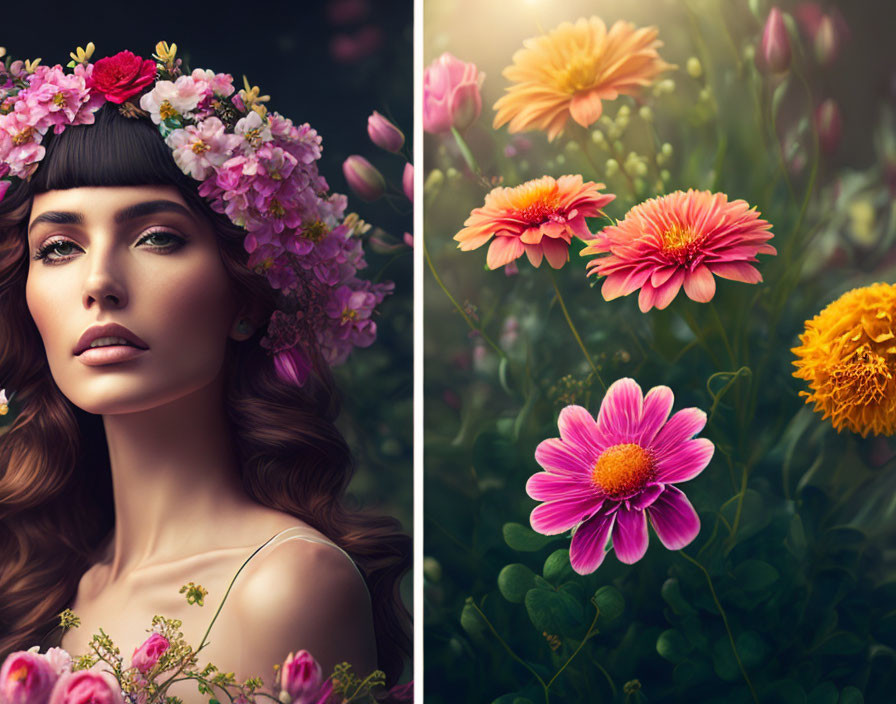 Floral headpiece woman beside vibrant gerbera flowers