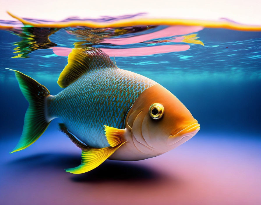 Vibrant Fish with Yellow Fins Swimming in Blue and Pink Waters