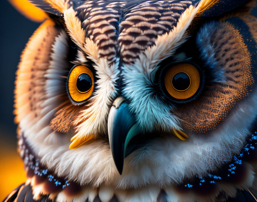 Detailed Owl Portrait with Striking Orange Eyes and Blue-Orange Background