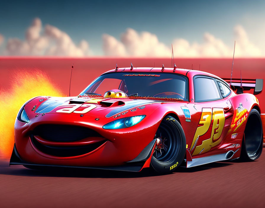 Animated red race car with number 95 and lightning bolt designs on blurred racetrack background