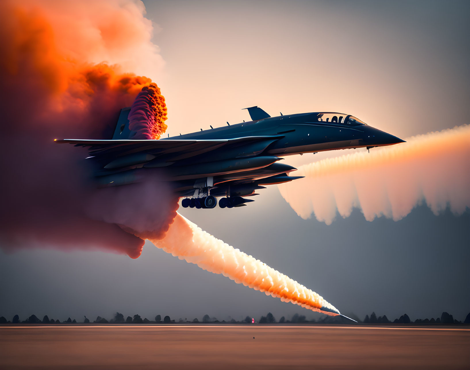 Military jet with afterburners emitting flames in dusky sky