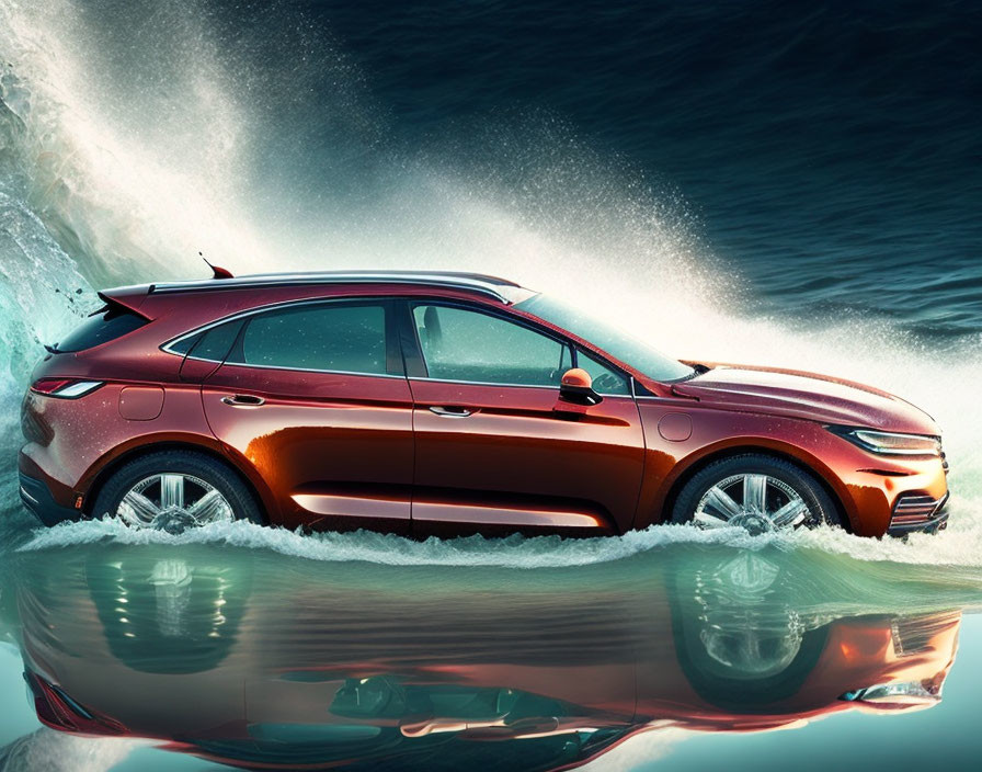 Red Car Parked on Shiny Surface with Dynamic Water Wave Background