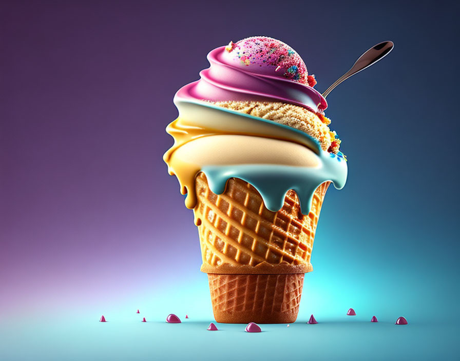 Swirling Ice Cream in Waffle Cone with Sprinkles on Gradient Background