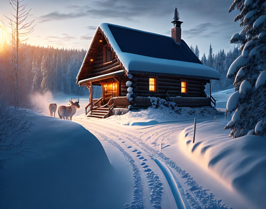 Snowy Twilight Scene: Cozy Log Cabin with Reindeer and Ski Tracks