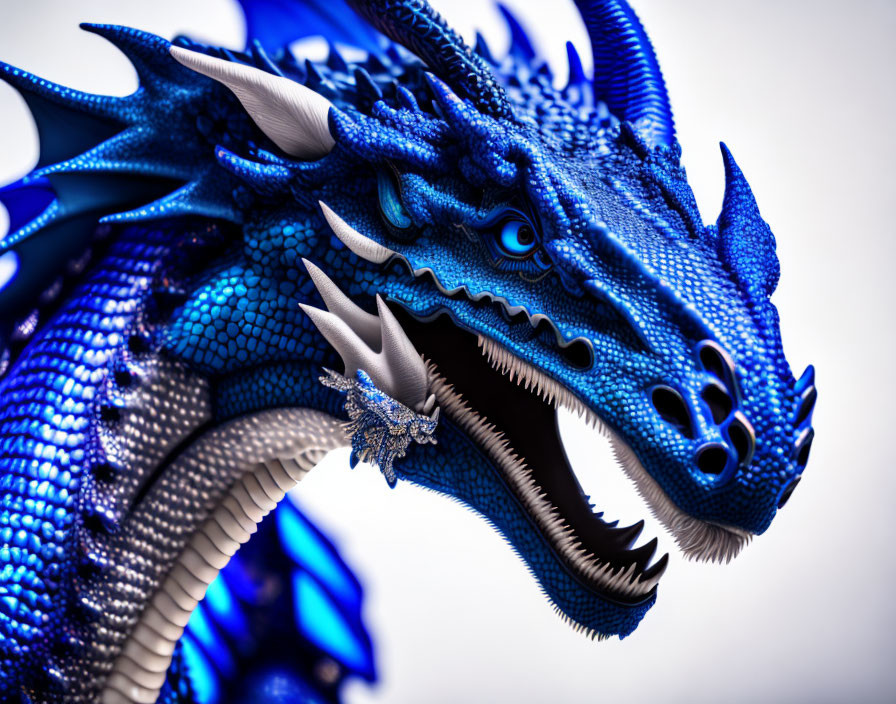 Detailed Blue Dragon with Fierce Expression on Plain Background