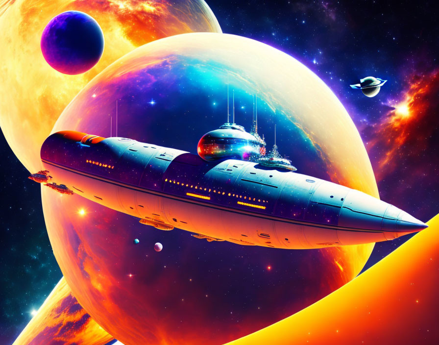 Colorful Space Scene with Large Spaceship and Ringed Planets