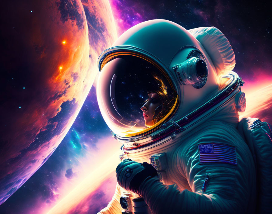 Astronaut in reflective visor views vibrant cosmic scene