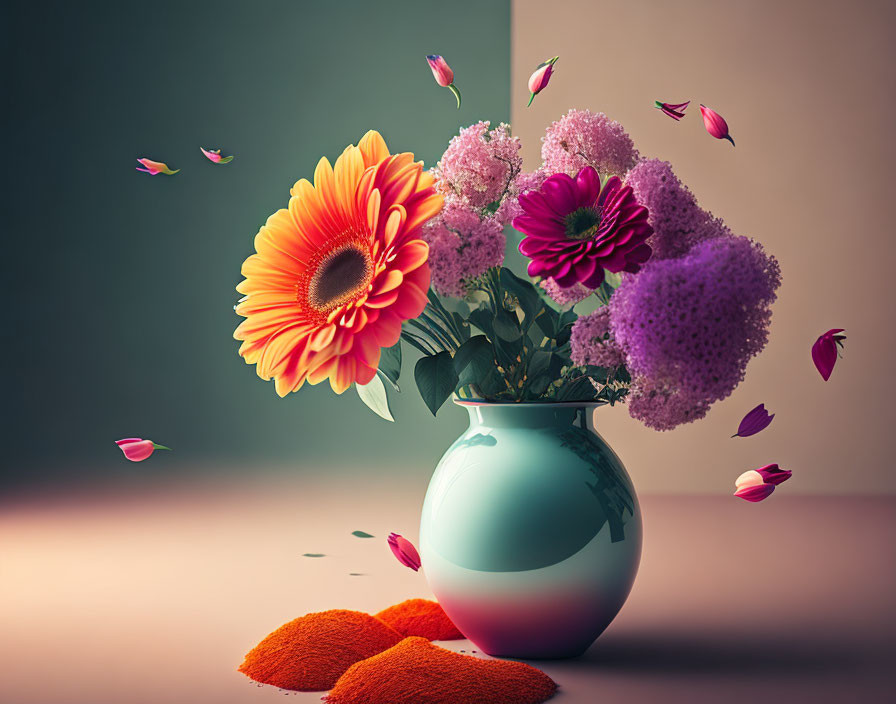 Colorful Gerbera and Purple Flowers in White Teal Vase