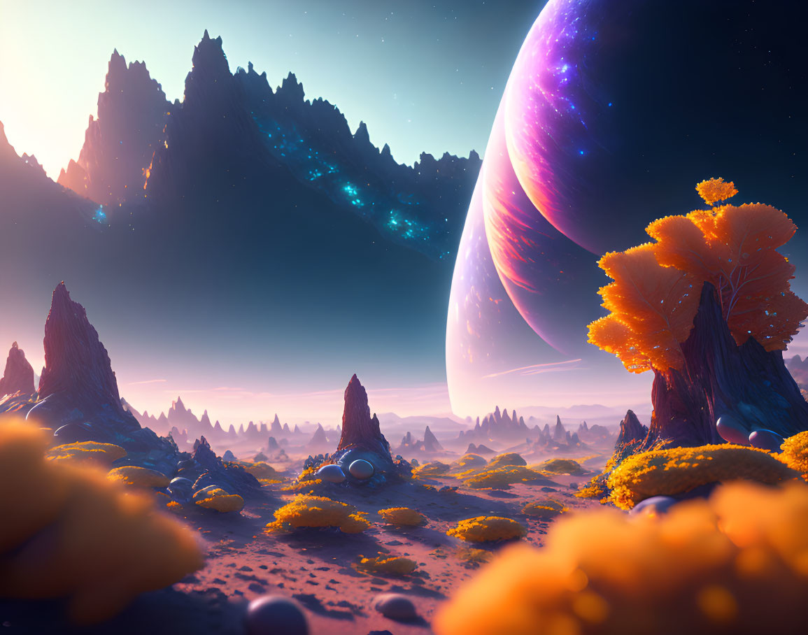 Alien landscape with yellow flora, towering mountains, and large planet.