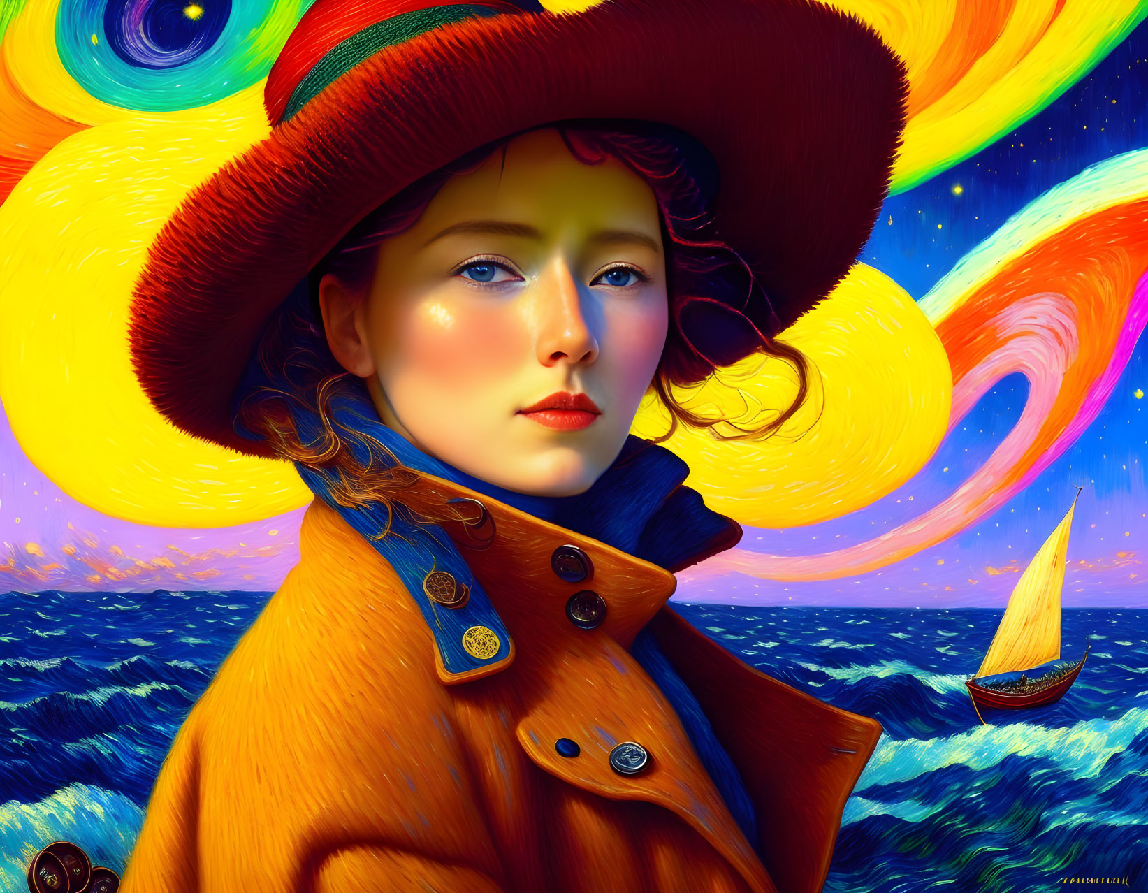 Vibrant portrait of woman in wide-brimmed hat against surreal seascape